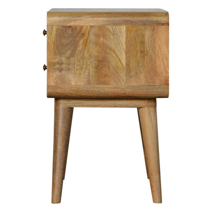 Nachttisch aus massivem Mangoholz – Oak-ish Finish, Curved Design, 2 Schubladen, Handgefertigt, Skandinavischer Stil, 45x35x55 cm