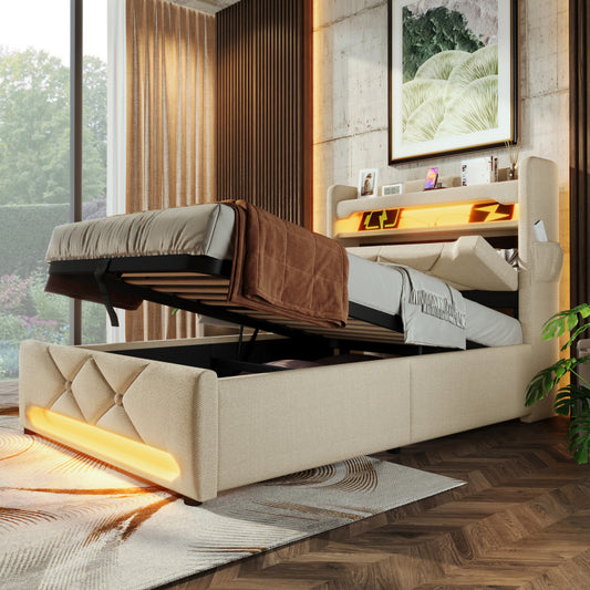 Polsterbett Einzelbett 90*200, Stauraum Kopfteil mit USB und Typ C-Port ,360-Surround-LED-Funktion rund um Kopf- und Fußende des, Betten mit Hydraulisch Stauraum, Beige , Leinen(Ohne Matratze)