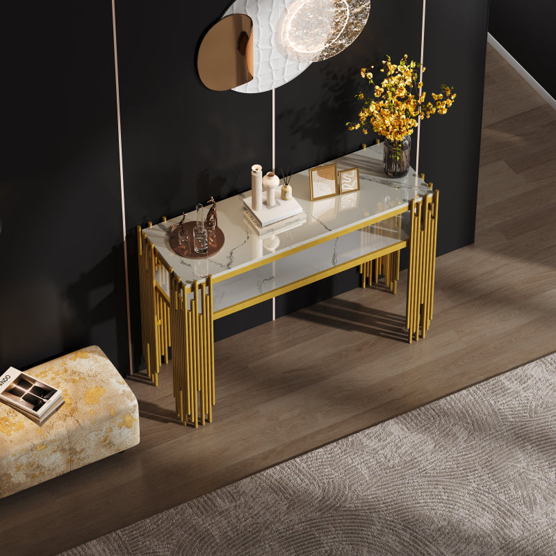 Mid-Century Modern Wohnzimmer Beistelltisch, Konsolentisch, weißer Korpus mit goldenen Beinen, doppellagiges MDF, belastbar bis 40 kg
