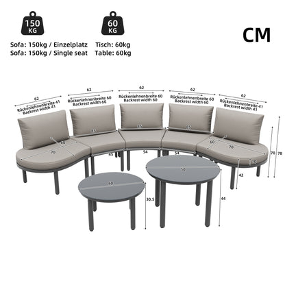 Gartenmöbel-Set (5-Sitzer), 2 Couchtische aus gehärtetem Glas, verzinkter Eisenrahmen, bequeme Gartenmöbel mit grauen Sitzpolstern und Kissen, mit verstellbaren Beinen, elegantes abgerundetes Sofa