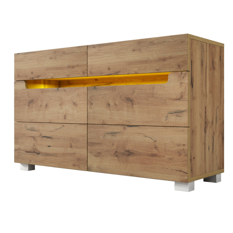 Kommode, Sideboard Holz mit 6 Schubladen, LED Beleuchtung (App Control), Mehrzweckschrank für Wohnzimmer und Schlafzimmer, 71 x 120 x 40 cm, Eiche
