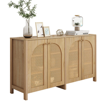 Modernes Sideboard im minimalistischen Stil 4-Rattantür, Metallgriff einfaches Buffetschrank für Esszimmer, Wohnzimmer, Küche (Naturholz)