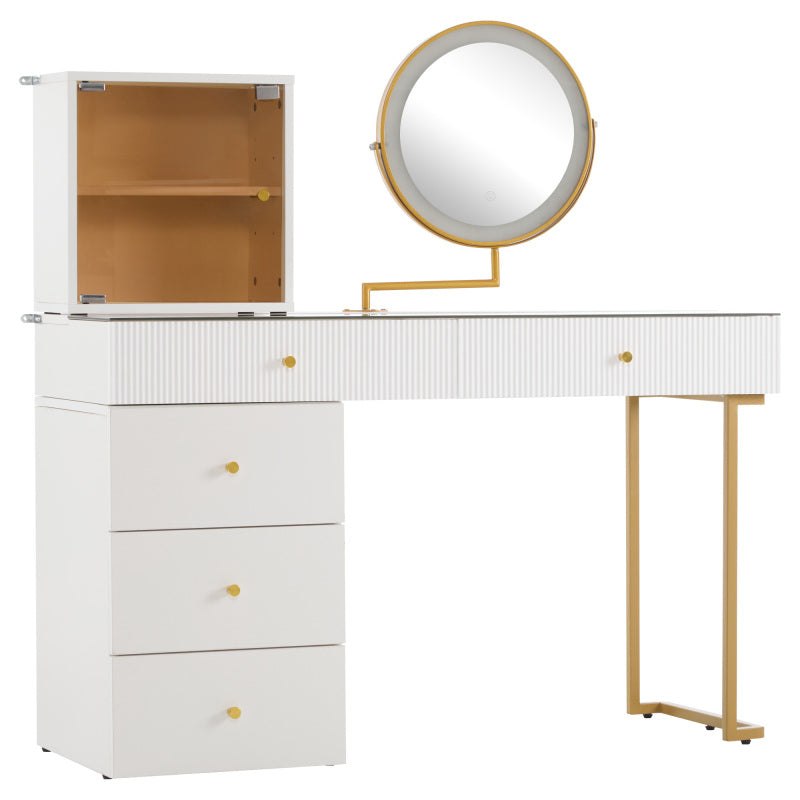 Schminktisch-Set mit LED-beleuchtetem Spiegel, transparenter Tischplatte aus gehärtetem Glas, Schminktisch-Seite und Schrank, elegante Möbel, weiß, Maße: 120 x 45 x 115 cm(ohne Hocker)