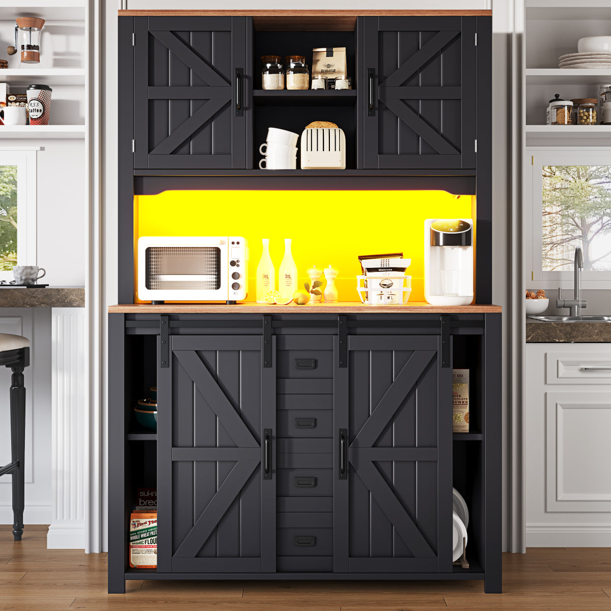 Küchenschrank 115x40x174,7cm hohes Sideboard Schwarz mit App-LED-Beleuchtung, X-Design Schiebetüren, 2 Schubladen & Magnetklappen