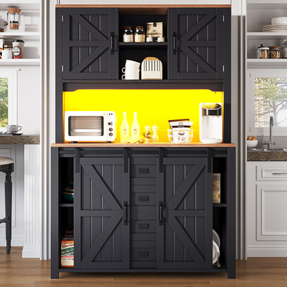 Küchenschrank 115x40x174,7cm hohes Sideboard Schwarz mit App-LED-Beleuchtung, X-Design Schiebetüren, 2 Schubladen & Magnetklappen