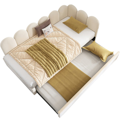 Polsterbett Daybett 90x200cm,Tagesbett Schlafsofa mit Ausziehbett 90x190cm, Kinderbett mit Lattenrost, Samt,Beige, ohne Matratze