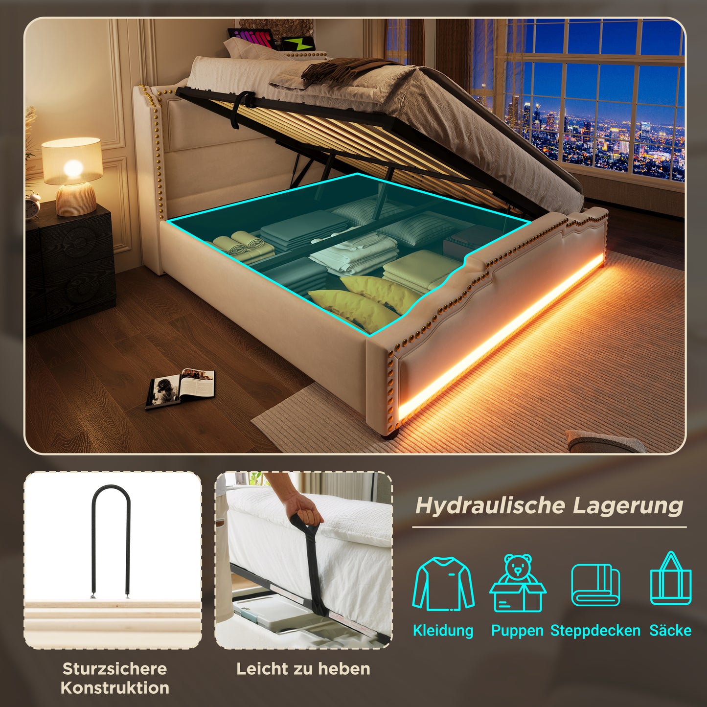 Polsterbett 140x200, Doppelbett mit hydraulischem Stauraum, LED-Beleuchtung und USB-C-Ladeanschluss, Stauraumbett und Jugendbett mit Lattenrost, Samt, Beige, ohne Matratze