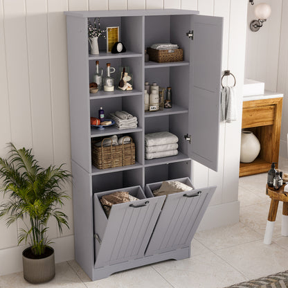 78 x 35 x 172 cm Badezimmerschrank, feuchtigkeitsbeständige Farbe, doppelter Wäschekorb, vier offene Fächer, eine Tür, drei Fächer in der Tür, verstellbare Regale, viel Stauraum, Grau