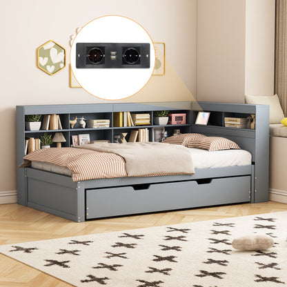 Multifunktions-Schlafsofa 90x200 & 90x190 Ausziehbar - Massivholz Grau mit USB-Anschluss, Stauraum & Ablagefächern - Praktisches Einzelbett, Grau