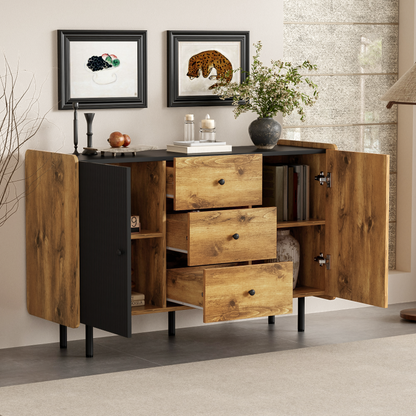 120 cm Schwarzer und Holzfarbener Sideboard - Moderner Stil, Zwei Türen und Drei Schubladen