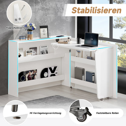 Faltbarer Schreibtisch mit Rollen & Wireless Charger–2-in-1 Sideboard & Arbeitsplatz, 115×27×93 cm (geschlossen, 95×51cm) White