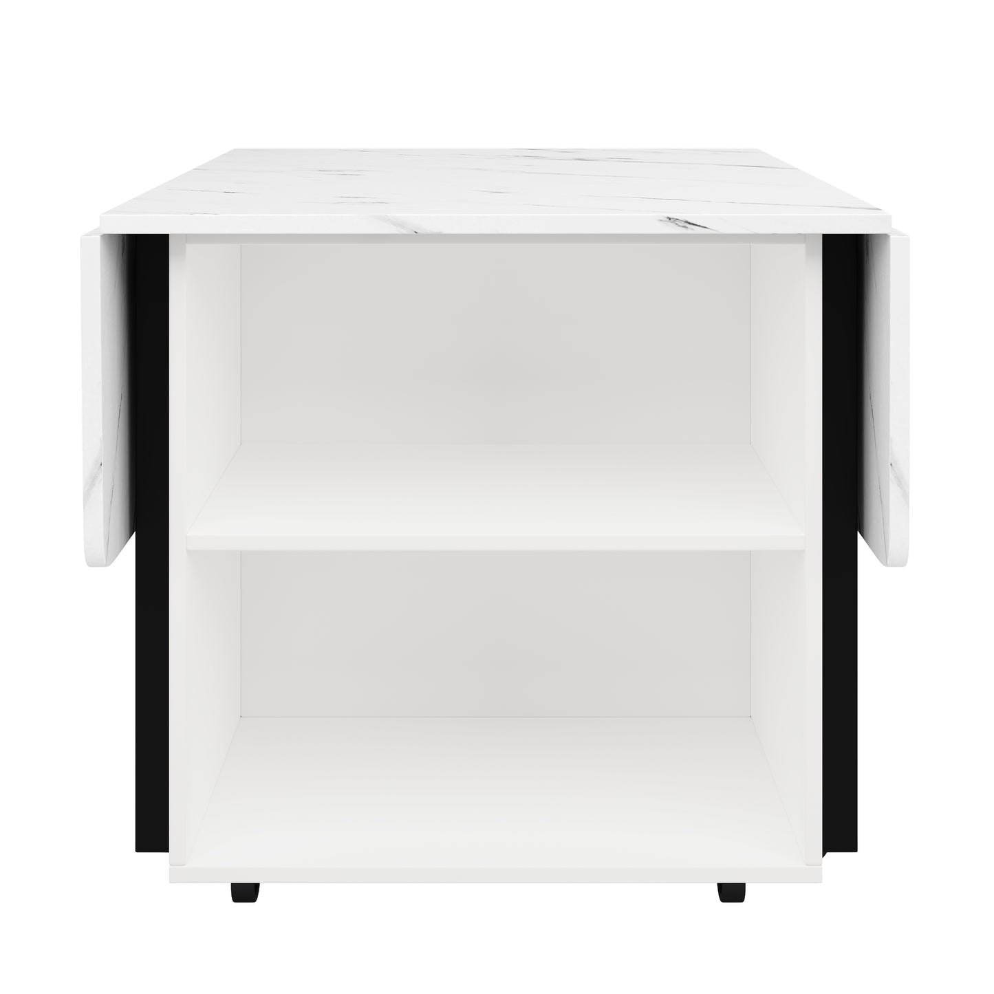 Tragbarer Esstisch, klappbare Tischplatte, marmorierte Tischplatte, geeignet für Esszimmer, Wohnzimmer, verstellbare Trennwände, großes Staufach, 6 Rollen (2 feststellbar), schwarze Tischbeine