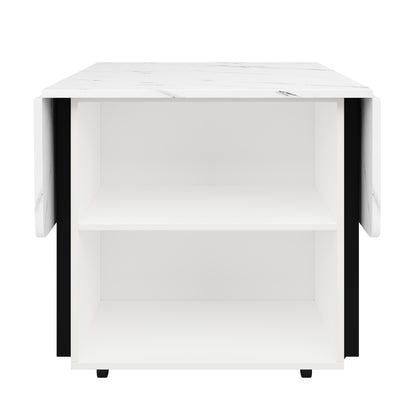 Tragbarer Esstisch, klappbare Tischplatte, marmorierte Tischplatte, geeignet für Esszimmer, Wohnzimmer, verstellbare Trennwände, großes Staufach, 6 Rollen (2 feststellbar), schwarze Tischbeine
