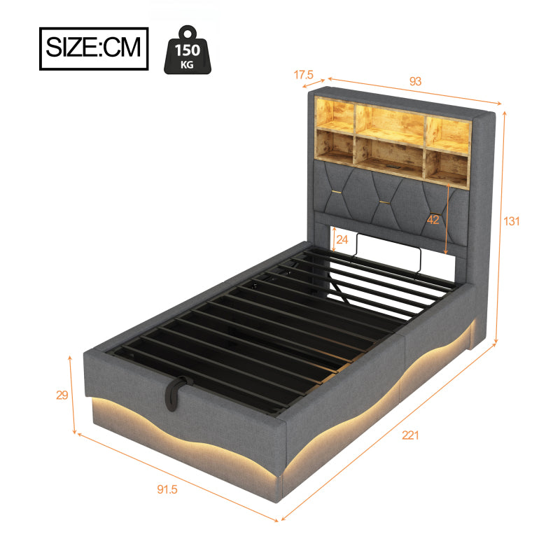 Kinderbett 90x200cm mit hydraulischem Stauraum APP-gesteuertes LED-Lichtband USB-Ladeanschluss Metall-Lattenrost Leinenpolsterung Grau