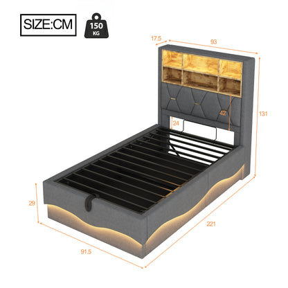 Kinderbett 90x200cm mit hydraulischem Stauraum APP-gesteuertes LED-Lichtband USB-Ladeanschluss Metall-Lattenrost Leinenpolsterung Grau
