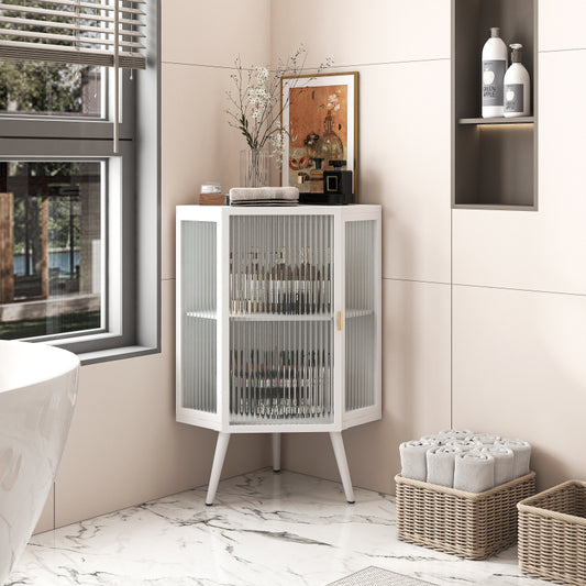 Floor Coner Cabinet with Tempered Glass Door & Adjustable Shelf for Bathroom, Living Room, Bedroom(White)