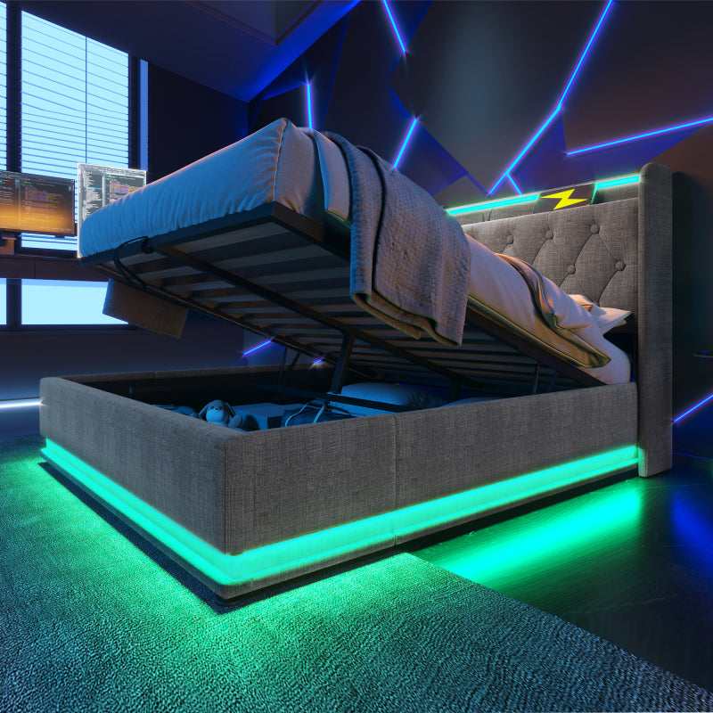 Polsterbett Doppelbett, 360-Surround-LED-Funktion, Drucktaste/App/Fernbedienung,160*200 cm,Grau Leinen-Material Hydraulisches Lagerbett, gepolstertes Kopfteil mit USB Typ-C Ladefunktion(Mit Matratze)