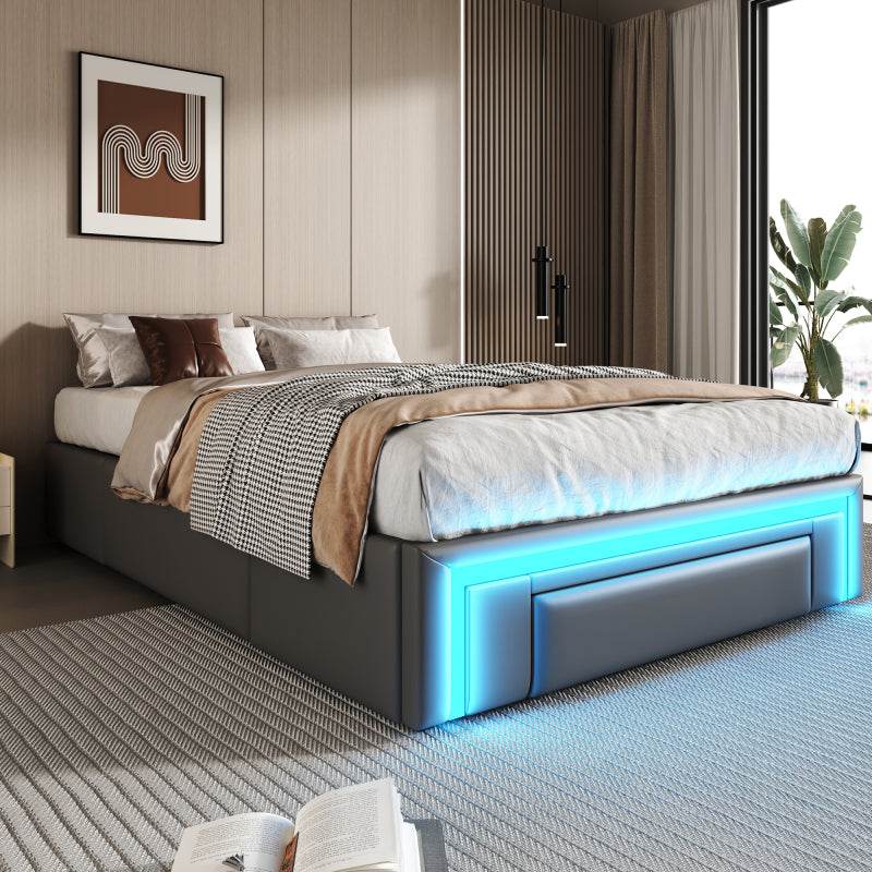 Bettgestell 90X200 mit Schubladen, PU-Leder Bett ohne Kopfteil Mit LED-Lichtleiste, MetalllattenPlattformbett für moderne Schlafzimmer Grau