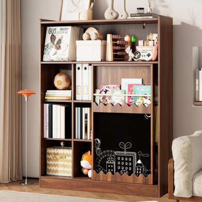 Bücherregal mit Tafel, Schiebetüren & Bilderbuch Ablage, Offenes 9-Fach Regal mit großem Stauraum, 120x38.5x151.5 cm, Nussbaumfarben