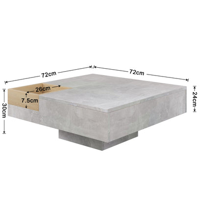 Couchtisch Wohnzimmertisch Beistelltisch mit herausnehmbarer Aufbewahrungsbox, Betongrau und Holzfarbe, 72*72*30 cm.