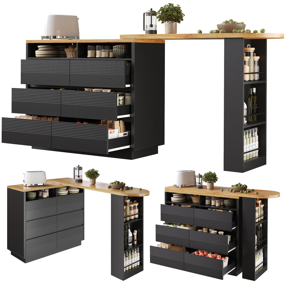 Ausziehbarer Bartisch (137-215cm) - Moderner Teleskop-Hochtisch mit 6 Schubladen & Stauraum - Bewegliche Kücheninsel, Stehtisch & Bistrotisch
