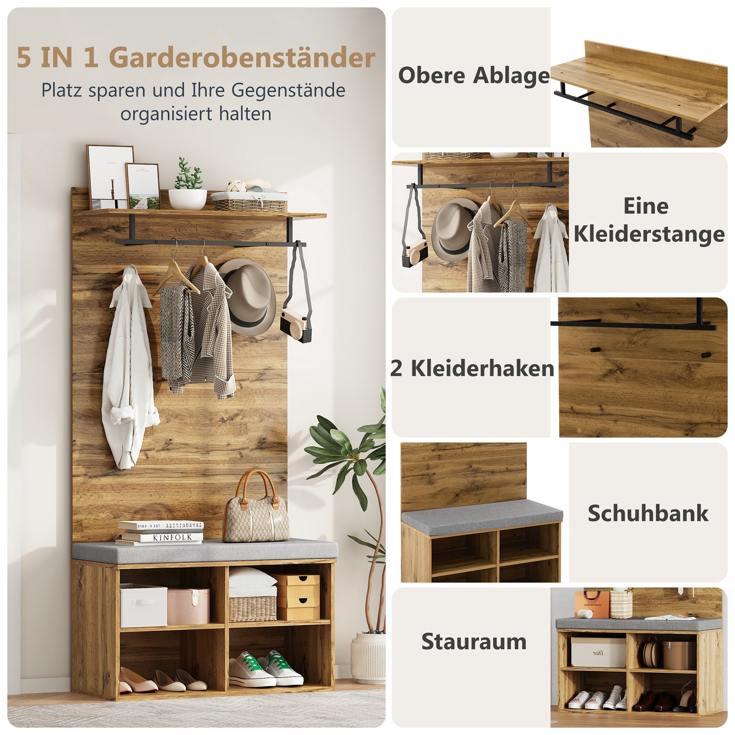 Garderobenset in Holzoptik mit Schuhbank, verstellbarem Regal, Kleiderstange und Polster, Praktische Flurmöbel