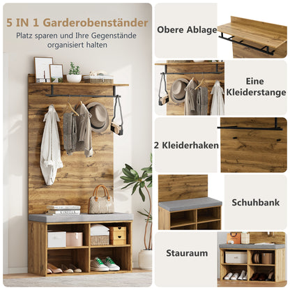 Garderobenset in Holzoptik mit Schuhbank, verstellbarem Regal, Kleiderstange und Polster, Praktische Flurmöbel