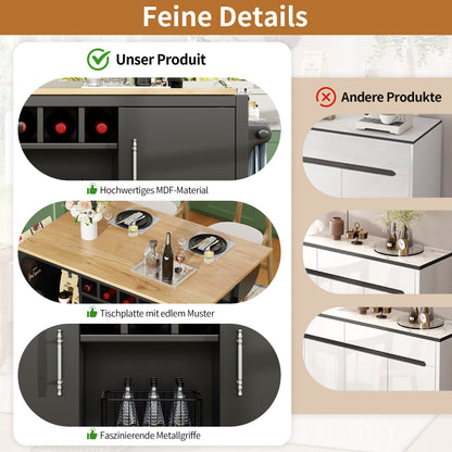 Kücheninsel Buffetschrank 120x73x92cm Küchenwagen klappbare Arbeitsplatte Handtuchhalter Gewürzregal Weinregal verstellbare Böden Küchenschrank Schwarz