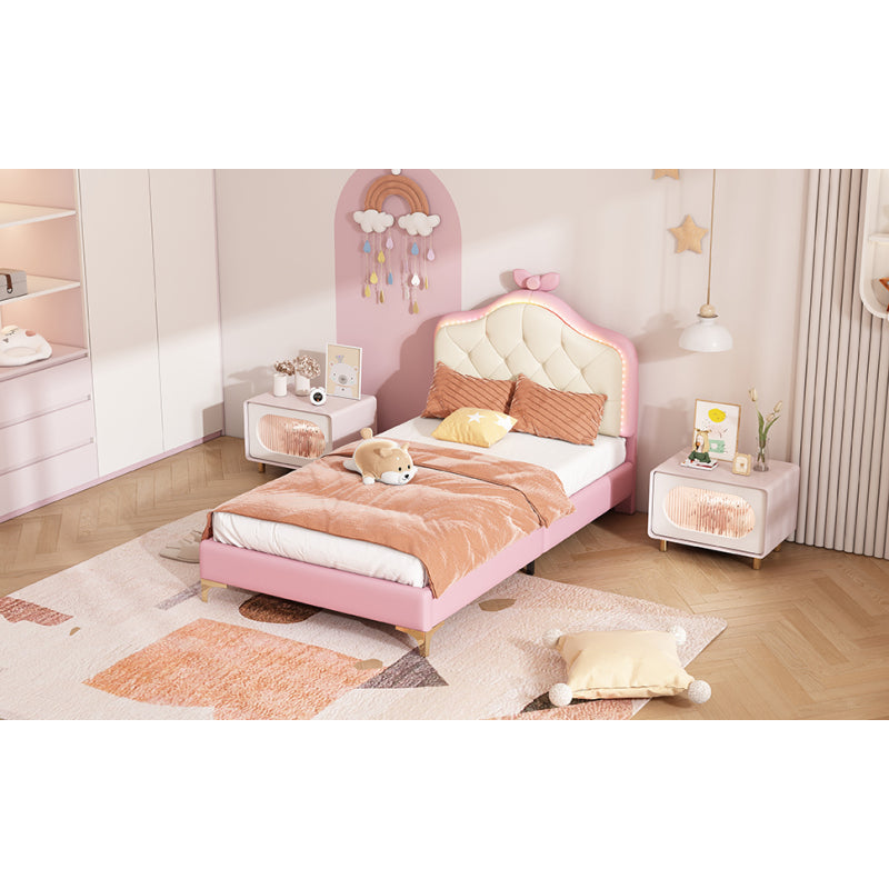 Polsterbett, Einzelbett, Wellenform mit Zugpunkt am Kopfende des Bettes, rosa Schleife, mit mehrfarbigen, wechselnden LED-Streifen, Kinderbett mit Holzlatten, Einzelbett, PU, rosa Bettrahmen, 90x200cm