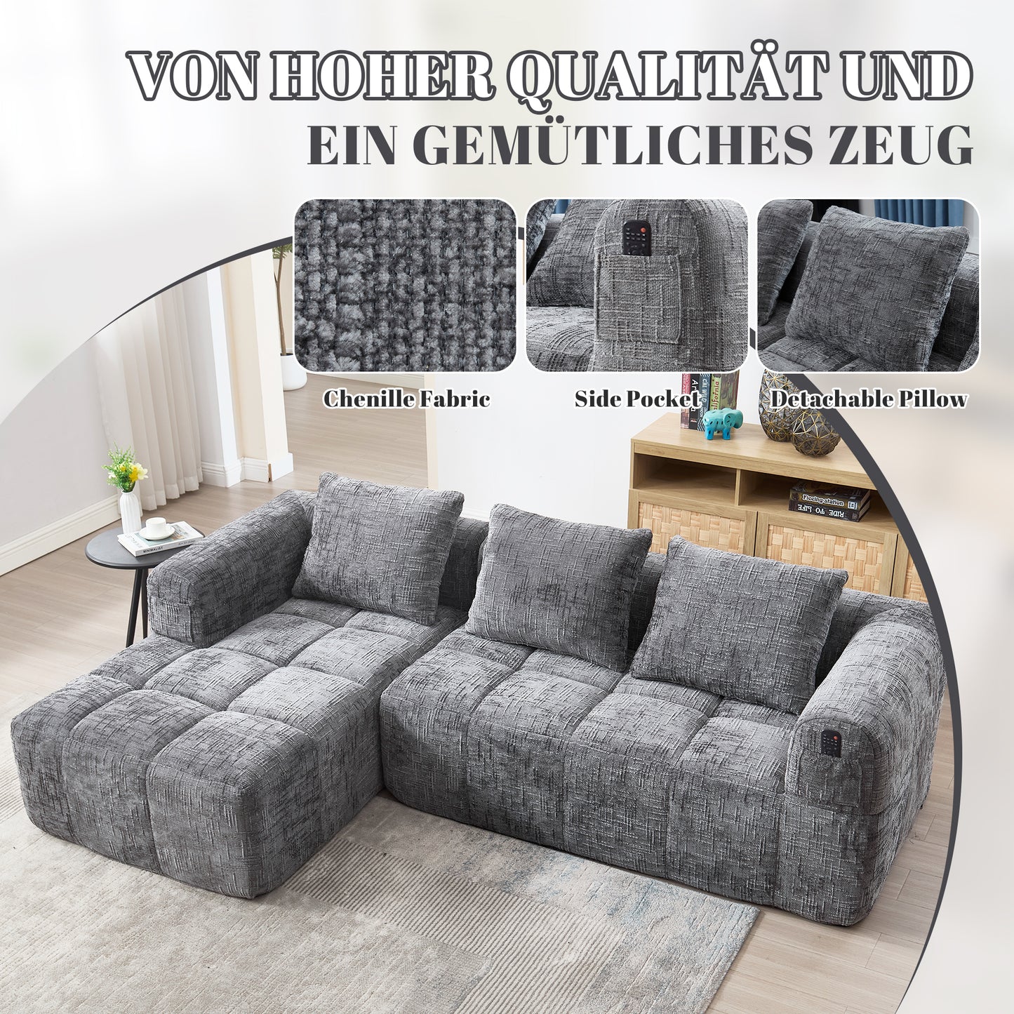 Modernes Sektionssofa, L-Sofa, 3-Sitzer-Sofa, keine Installation erforderlich, Chenille-Sofa mit Chaiselongue und Armlehnen, 3 Kissen, Seitentasche für Fernbedienung, Grau