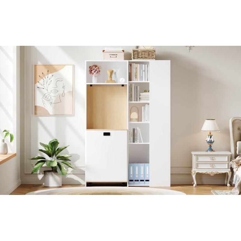 Klappbarer Schreibtisch mit Ablagen –2-in-1-Bücherregal und Schreibtisch, klappbar, mit Steckdose und USB-Anschluss, Kippschutz, weiß