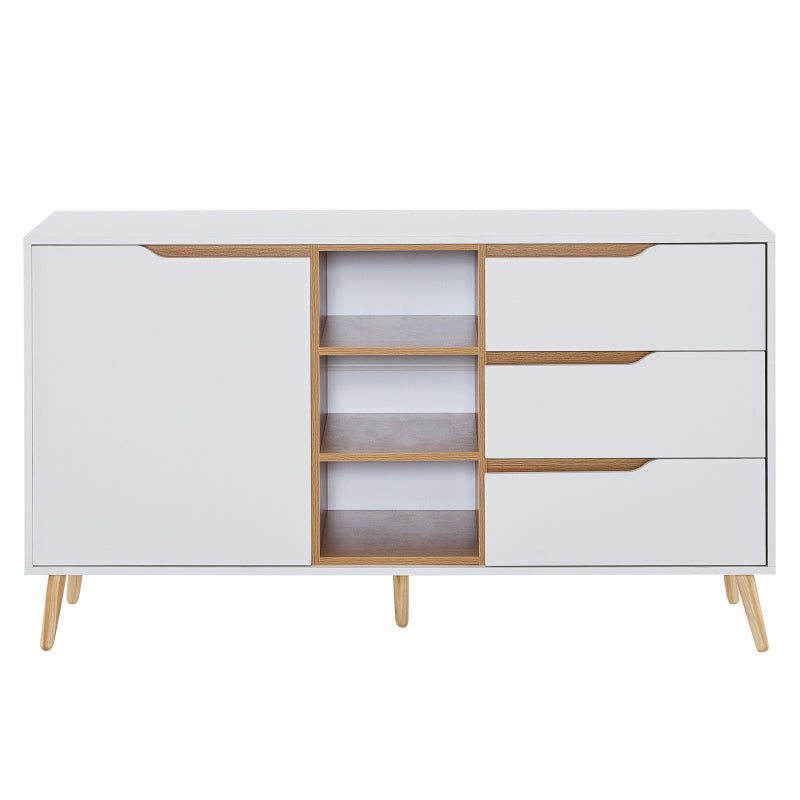 Modernes weißes Sideboard mit Einlegeböden, 3 Schubladen und offenem Stauraum, mit Kippschutz-Design – geeignet für Küche, Esszimmer und Wohnzimmer