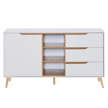 Modernes weißes Sideboard mit Einlegeböden, 3 Schubladen und offenem Stauraum, mit Kippschutz-Design – geeignet für Küche, Esszimmer und Wohnzimmer