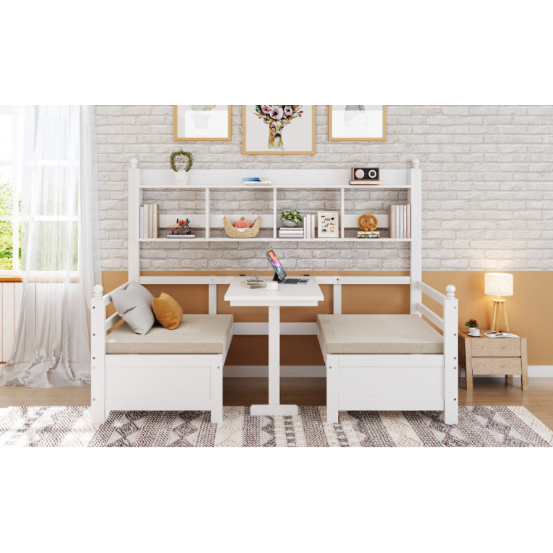Multifunktionales Massivholz Schlafsofa 200x90 cm, 2-in-1 Bett und Schreibtisch, Frei Umbaubar, Mit Bücherregal Zur Aufbewahrung, Mit Bequemen Kissen, Gästebett Einzelholzbett, Weiß
