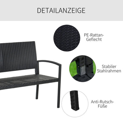 Polyrattan Gartenbank 2-Sitzer Parkbank mit Stahlgestell und Geflecht Schwarz B122 x T60 x H87cm für Garten & Terrasse