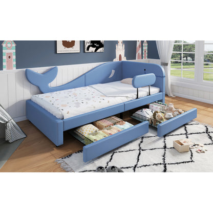 Kinder-Spleißbett, Polsterbett, Tagesbett, Walförmiges Design, Schlafsofa mit Metallbettgestell, 2 Schubladen auf Rollen, PU+MDF+Sperrholz, Blau, 90x200cm