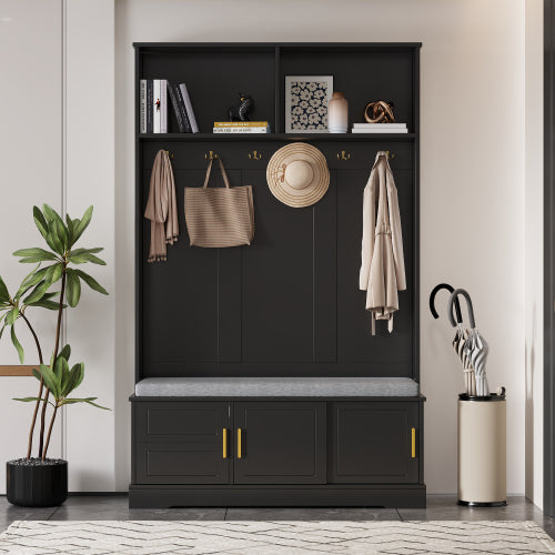 Garderobenständer mit  Schuhbank, Garderobe,  6 Dreifach-Haken,freistehend, platzsparend, für Eingangsbereich,Flur, Schwarz