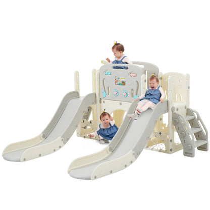 Kinderspielplatz-Set 8-in-1, Freistehendes Meerestier-Motiv-Set mit Rutsche, Bogentunnel, Basketballkorb und Teleskop, Doppelte Rutschen für Kleinkinder, Klettergerüst für Kinder