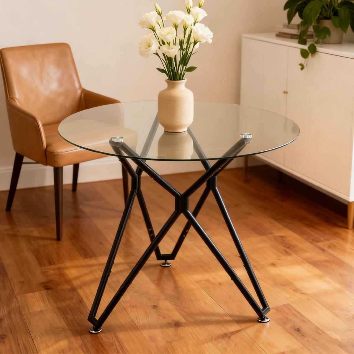 Esstisch Rund 90 cm Schwarz, Glastisch mit Gehärtetem Glas & Metallbeinen, Modernes Design