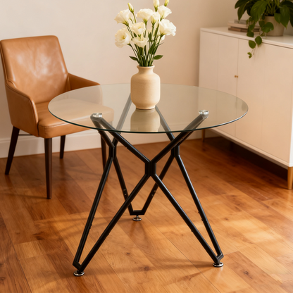 Esstisch Rund 90 cm Schwarz, Glastisch mit Gehärtetem Glas & Metallbeinen, Modernes Design
