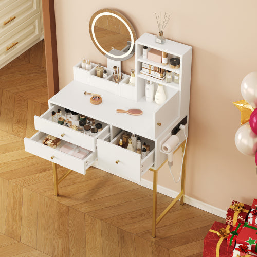 Schminktisch Weiß 80 cm, Frisiertisch mit LED Spiegel, Integrierte Steckdose mit USB & Föhnhalter