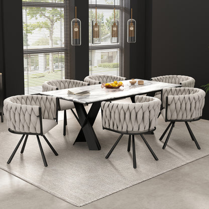 Leinen-Esszimmerstuhl, 2er set, Freizeit-Drehstuhl mit vier Stützbeinen aus Metall,Leinen beige und schwarz