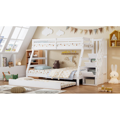 Etagenbett mit Rollbett, Kinderbett mit Leiterschrank und Handlauf, mit Fallschutzgitter an allen Seiten, Kiefer+MDF, Weiß, 90x190CM Rollbett, 90/120x200CM