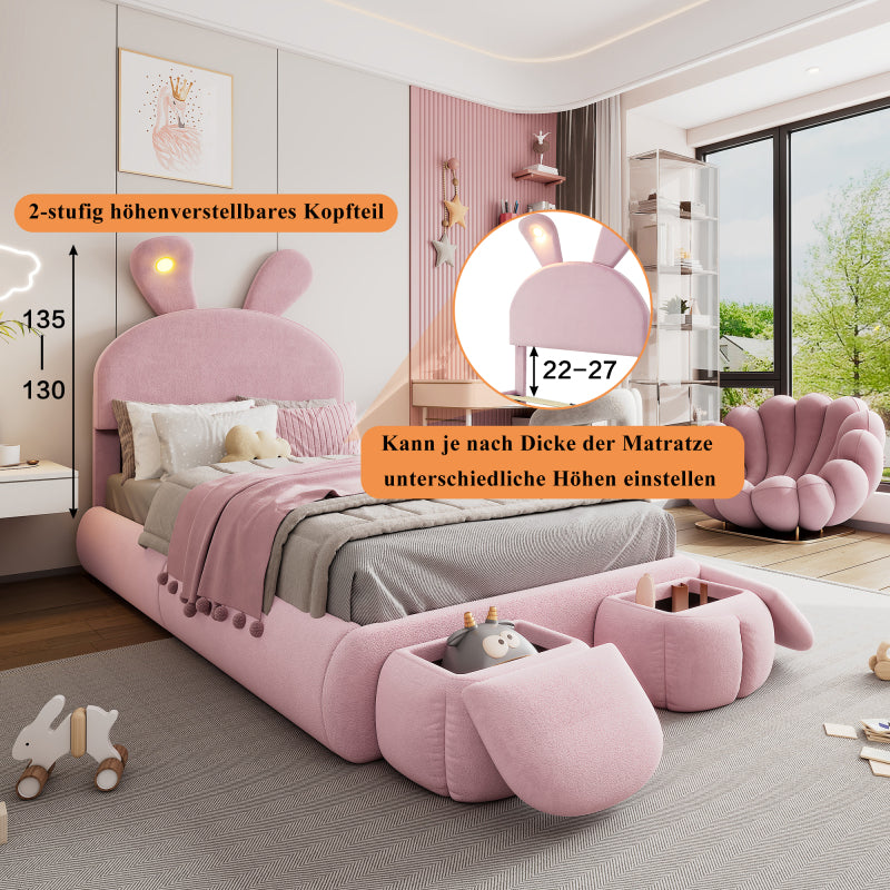 Polsterbett, Einzelbett, Hasenohren mit einstellbarer Helligkeit warmfarbenen Lichtstreifen, mit zwei Aufbewahrungshockern, Kinderbett mit Holzlatten, Samt, Rosa, 90x200cm