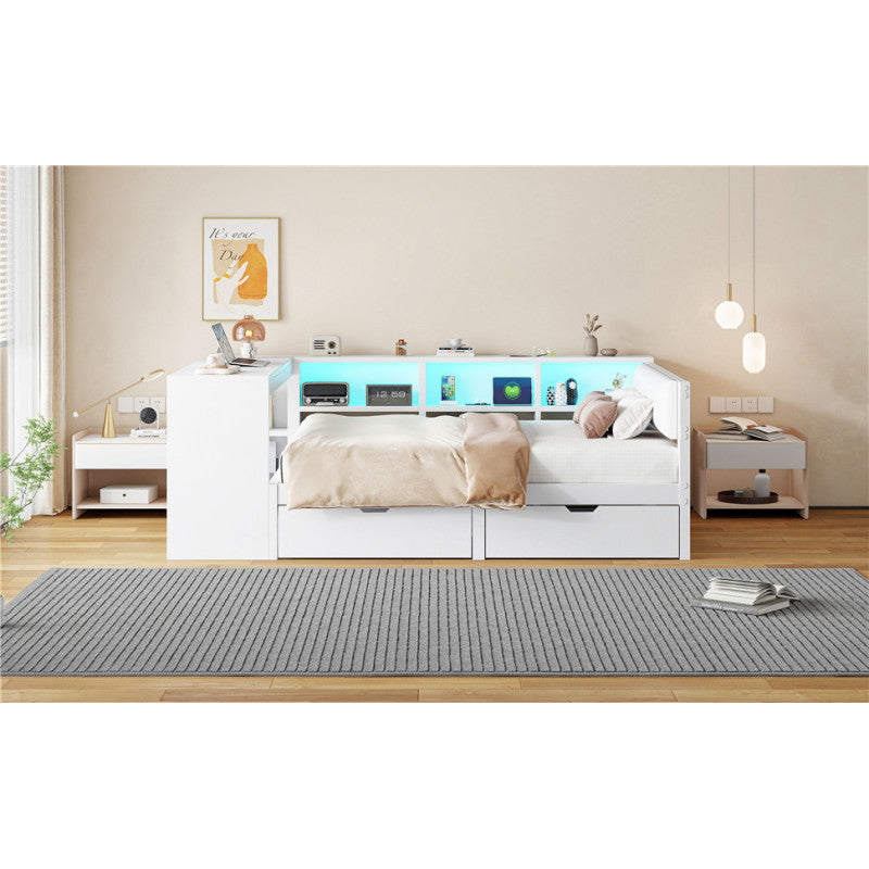 140x200 Holz-Plattformbett mit Ablageflächen, Schubladen, Ladestation und gepolstertem Kopfteil, Mit bunten LED-Leuchten, Weiß
