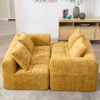 Modernes Sektionssofa, L-Sofa, 3-Sitzer-Sofa, keine Installation erforderlich, Chenille-Sofa mit Chaiselongue und Armlehnen, 3 Kissen, Seitentasche für Fernbedienung, Gelb