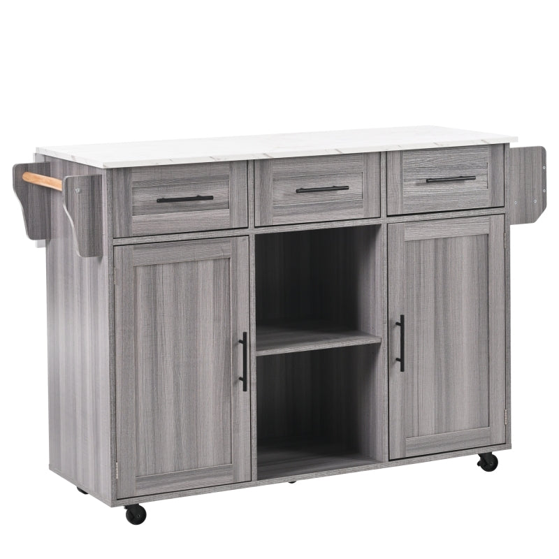 139x46(71)x91.5 cm großer Servierwagen/Beistellschrank, graues Massivholz-Furnier für den Korpus + weiße Marmor-Furnierdekoration für die Arbeitsplatte, Schrank/klappbare Arbeitsfläche/Stauraumtüren/r