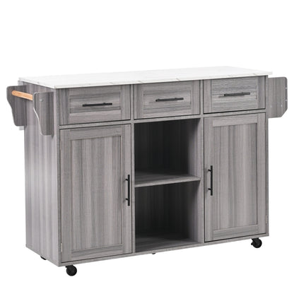 139x46(71)x91.5 cm großer Servierwagen/Beistellschrank, graues Massivholz-Furnier für den Korpus + weiße Marmor-Furnierdekoration für die Arbeitsplatte, Schrank/klappbare Arbeitsfläche/Stauraumtüren/r