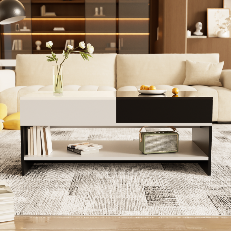 Moderner Couchtisch mit 2 Schubladen – Schwarz-Weiß-Design, Stauraum, Hochglanz-Tischplatte, 100 cm lang