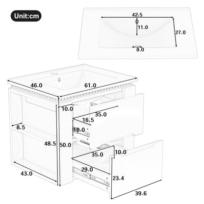 60x46x48.5cm wandhängend Badezimmerschränk, komplett lackiert, LED-Radarsensor-Beleuchtung, zwei Schubladen, leise Gleitschienen, Zwei seitliche Ablagen, Waschtisch, integriertes Waschbecken, weiß